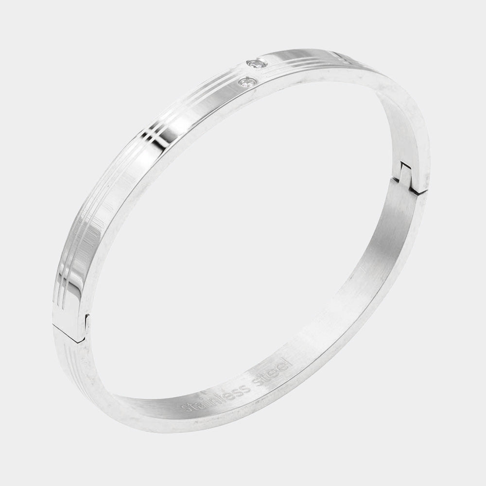Silver CZ Embellished Stainless Steel Bangle Evening Bracelet