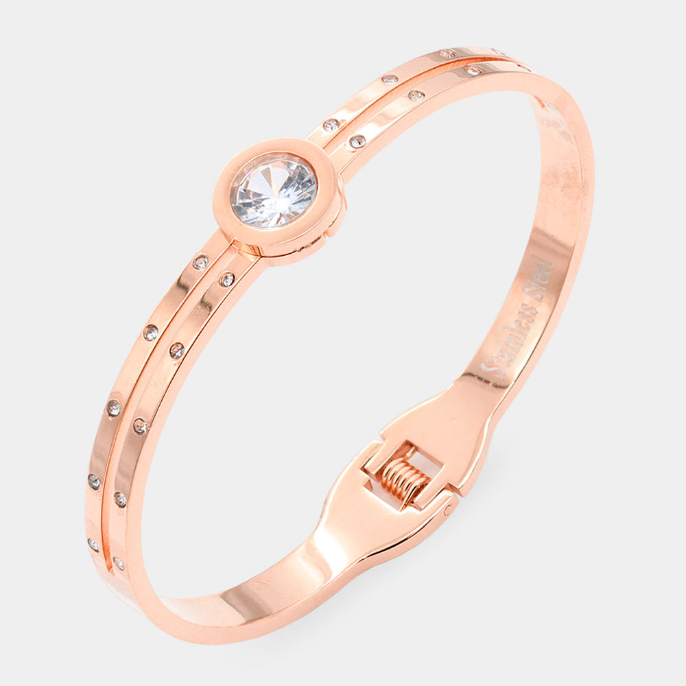 Rose Gold Round CZ Stone Accented Stainless Steel Evening Bracelet