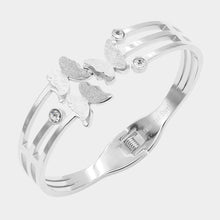Load image into Gallery viewer, Silver Triple Butterfly CZ Embellished Stainless Steel Hinged Evening Bracelet
