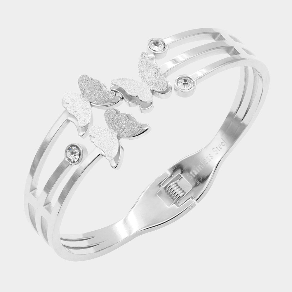 Silver Triple Butterfly CZ Embellished Stainless Steel Hinged Evening Bracelet