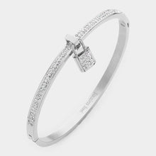 Load image into Gallery viewer, Silver Rhinestone Embellished Lock Charm Stainless Steel Bangle Evening Bracelet
