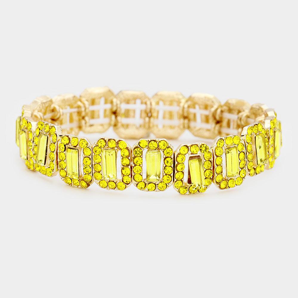 Yellow Emerald Cut Crystal Rhinestone Pave Evening Bracelet