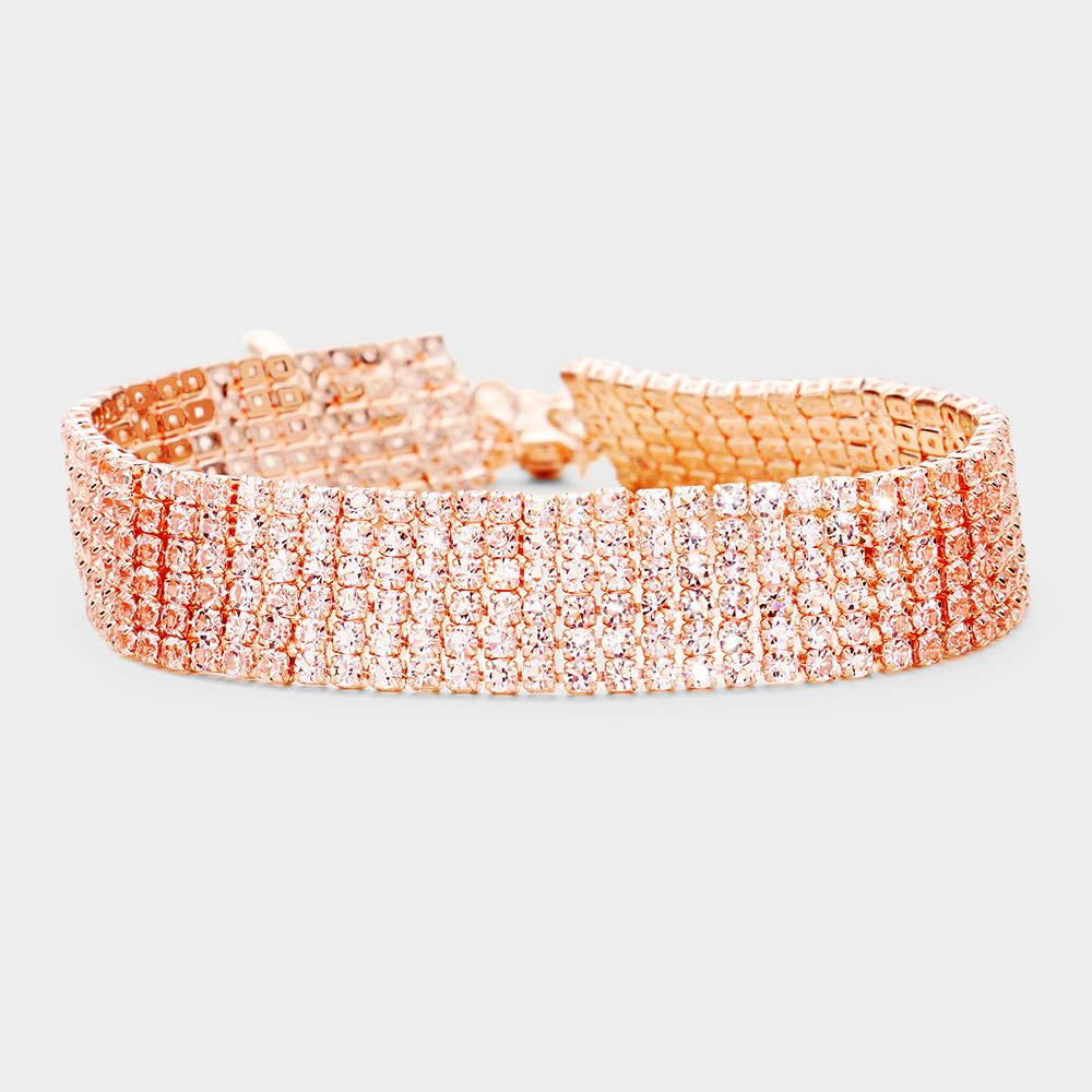 Rose Gold 6 Row Crystal Rhinestone Embellished Tennis Evening Bracelet