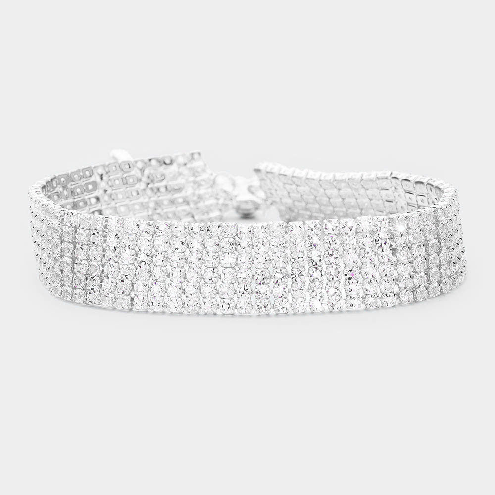 Silver 6 Row Crystal Rhinestone Embellished Tennis Evening Bracelet