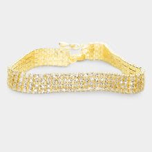 Load image into Gallery viewer, Gold 4 Row Crystal Rhinestone Embellished Tennis Evening Bracelet
