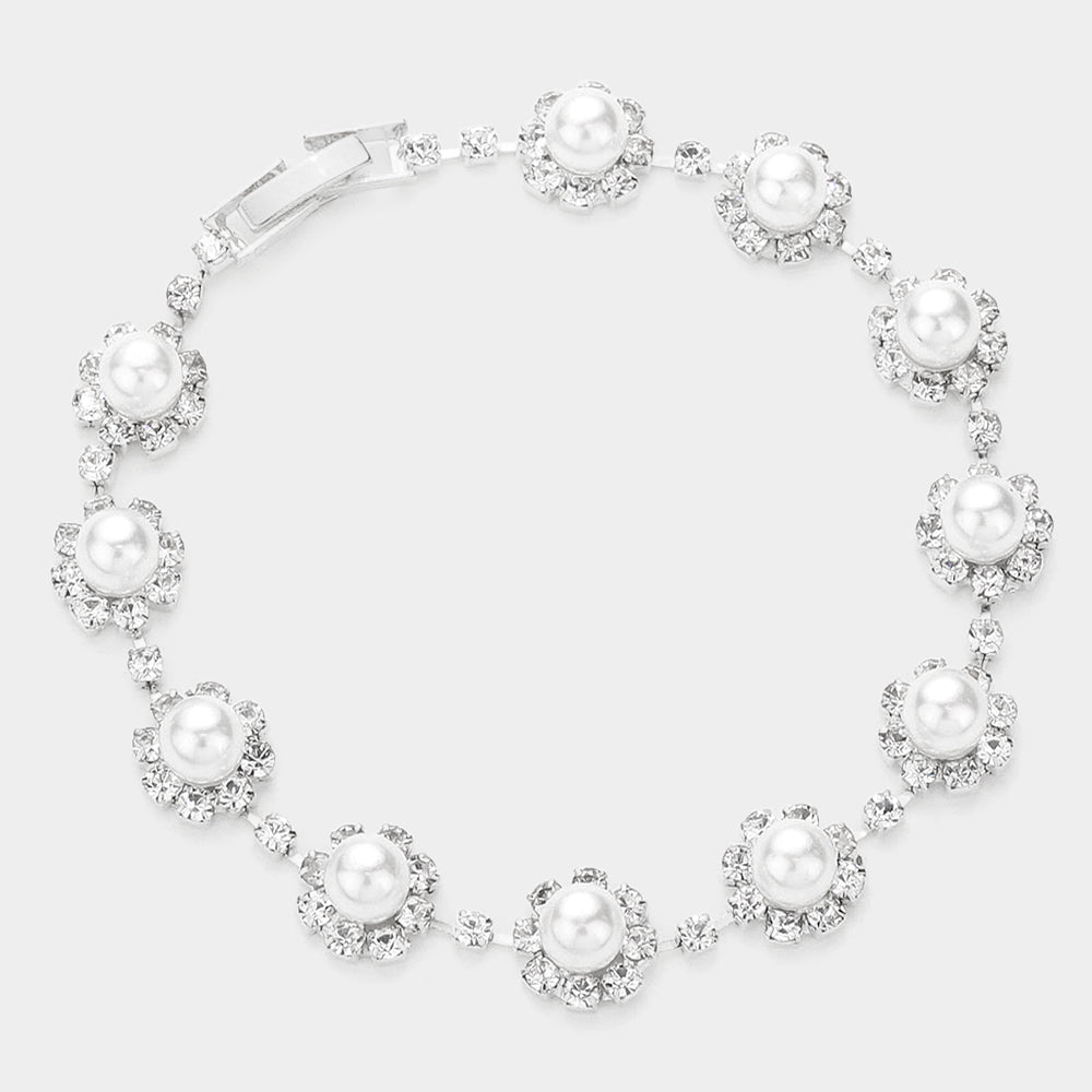 White Round Crystal Rhinestone Pearl Rosette Evening Bracelet