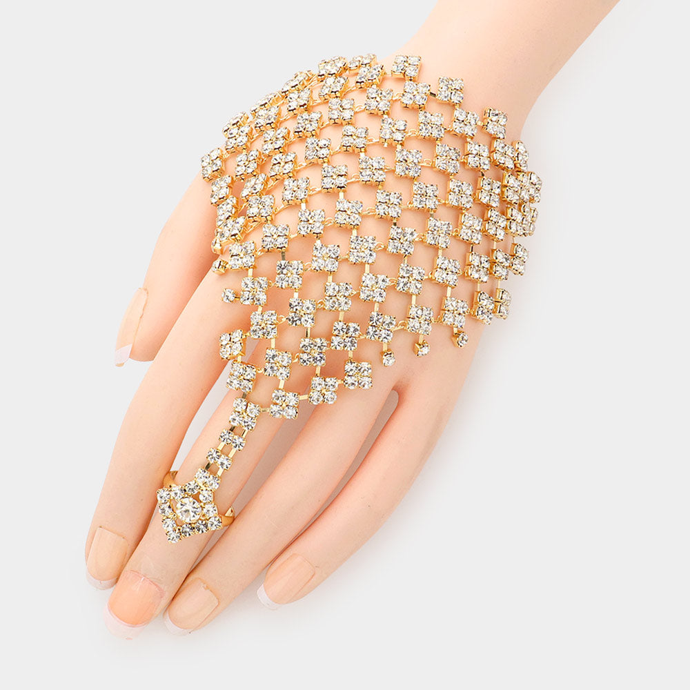 Gold Rhinestone Pave Hand Chain Evening Bracelet