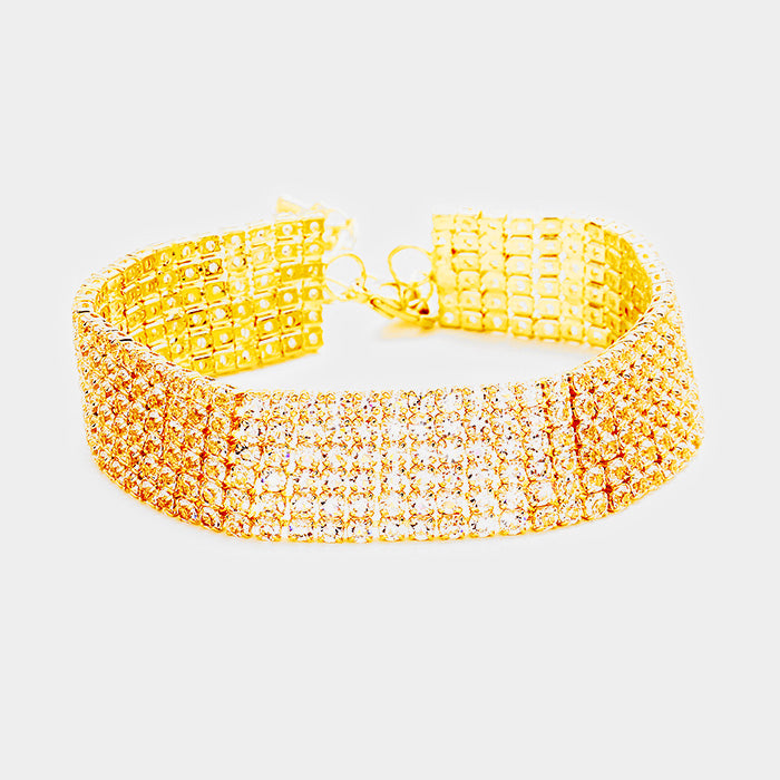 Gold 6 Rows Pave CZ Tennis Evening Bracelet