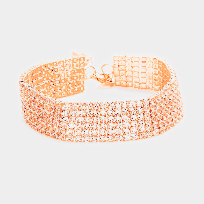 Rose Gold 6 Rows Pave CZ Tennis Evening Bracelet