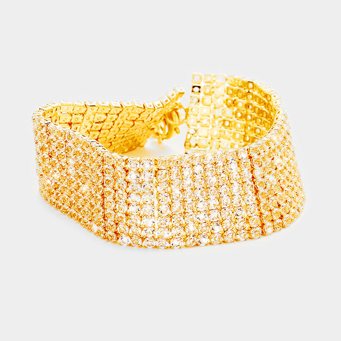 Gold 8 Rows Pave CZ Tennis Evening Bracelet