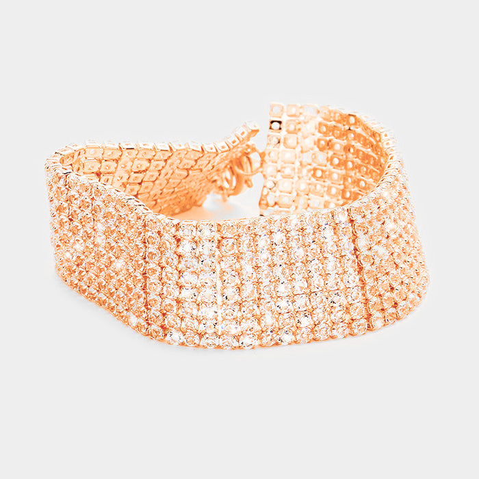 Rose Gold 8 Rows Pave CZ Tennis Evening Bracelet