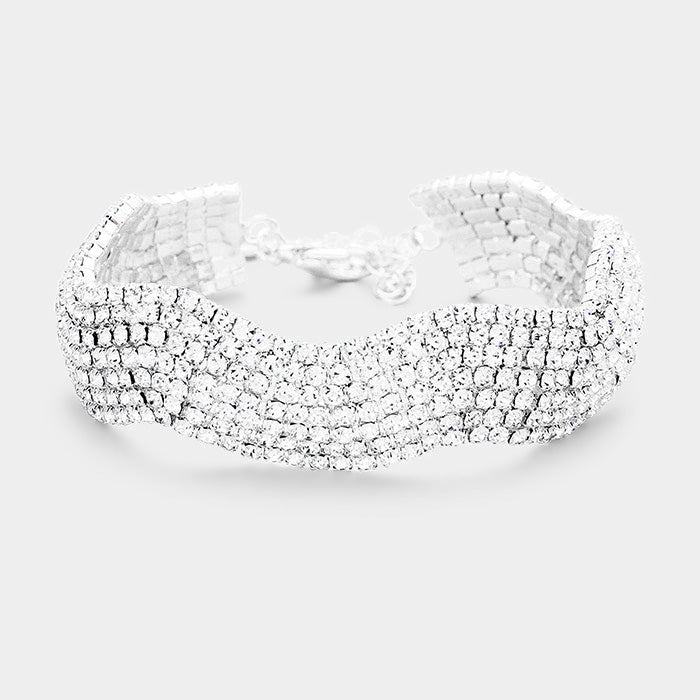 Silver Wavy Crystal Rhinestone Pave Evening Bracelet