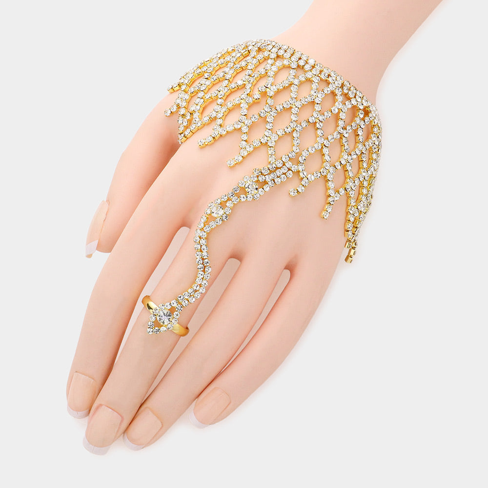 Gold Rhinestone Pave Hand Chain Evening Bracelet