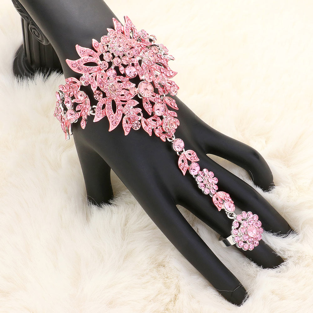 Pink Crystal Rhinestone Accented Hand Chain Evening Bracelet