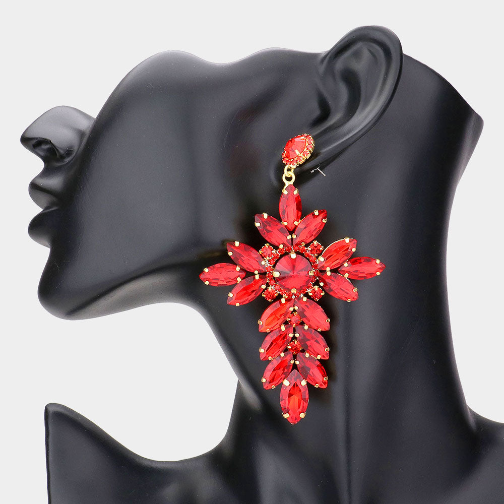 Red Marquise Stone Cluster Cross Dangle Evening Earrings