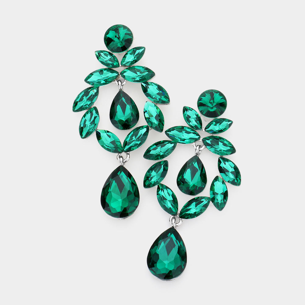 Emerald Marquise Stone Cluster Teardrop Link Dangle Evening Earrings