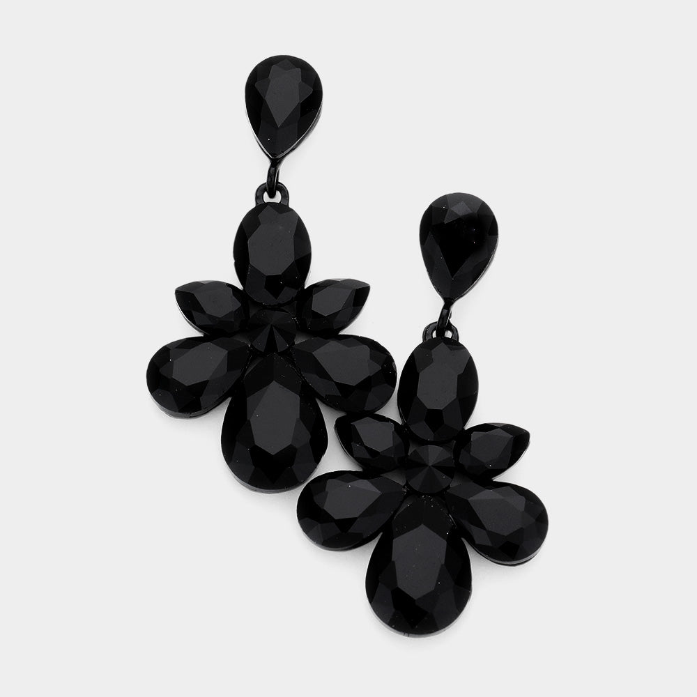 Black Multi Stone Cluster Dangle Evening Earrings