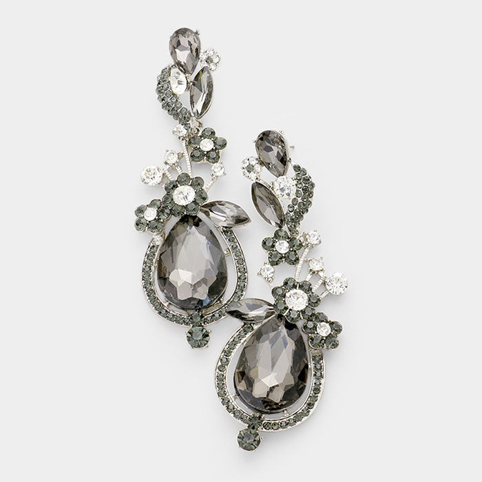 Clear Floral Vine Teardrop Crystal Rhinestone Evening Earrings