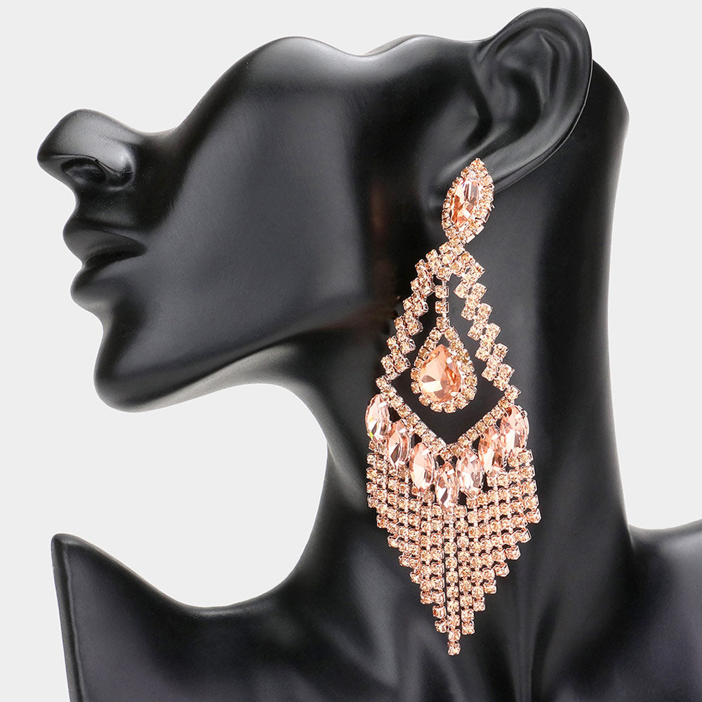 Peach Teardrop Crystal Rhinestone Chandelier Evening Earrings