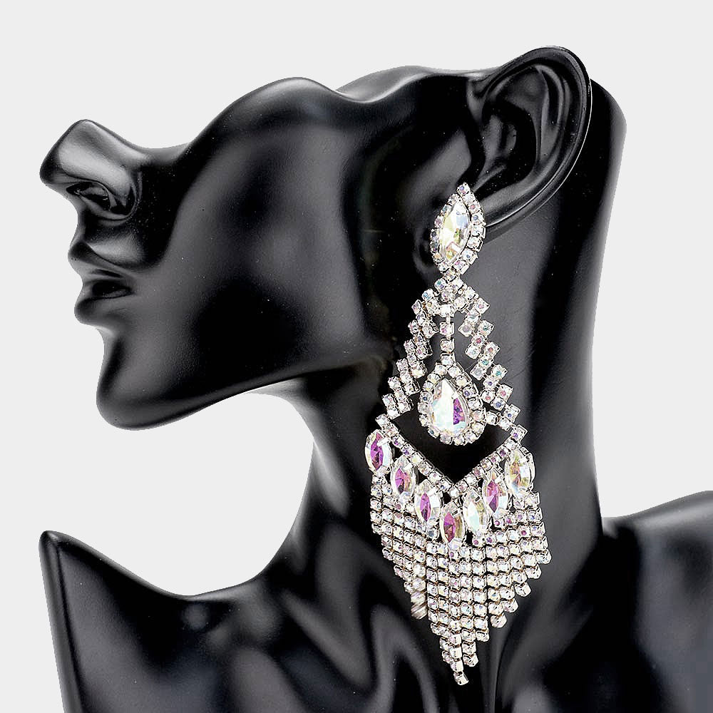 Silver Teardrop Crystal Rhinestone Chandelier Evening Earrings