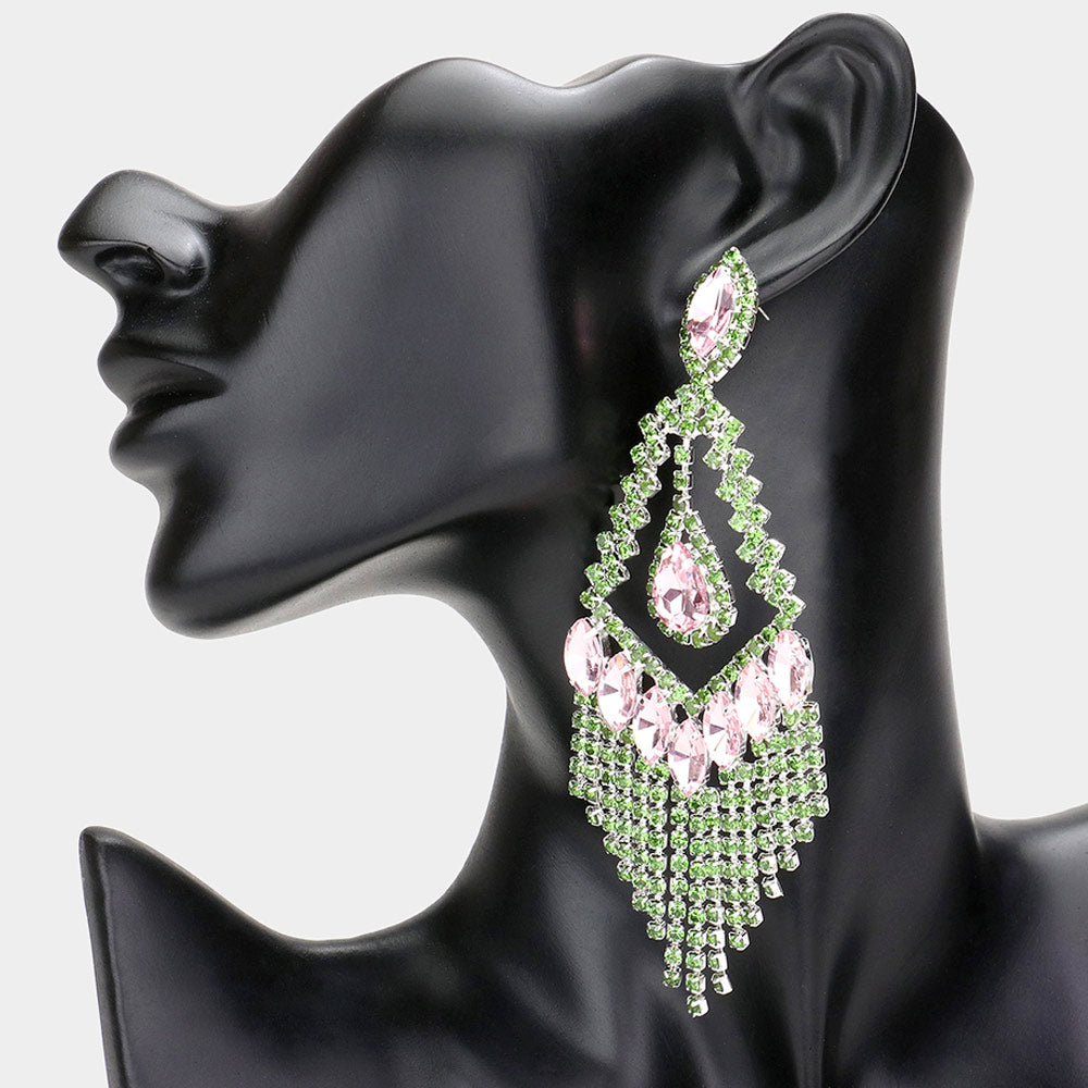 Pink Teardrop Crystal Rhinestone Chandelier Evening Earrings