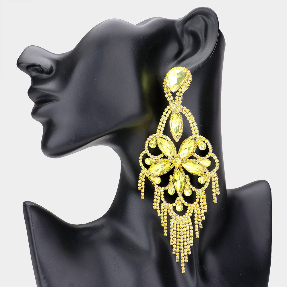 Yellow Marquise Stone Flower Accented Chandelier Evening Earrings