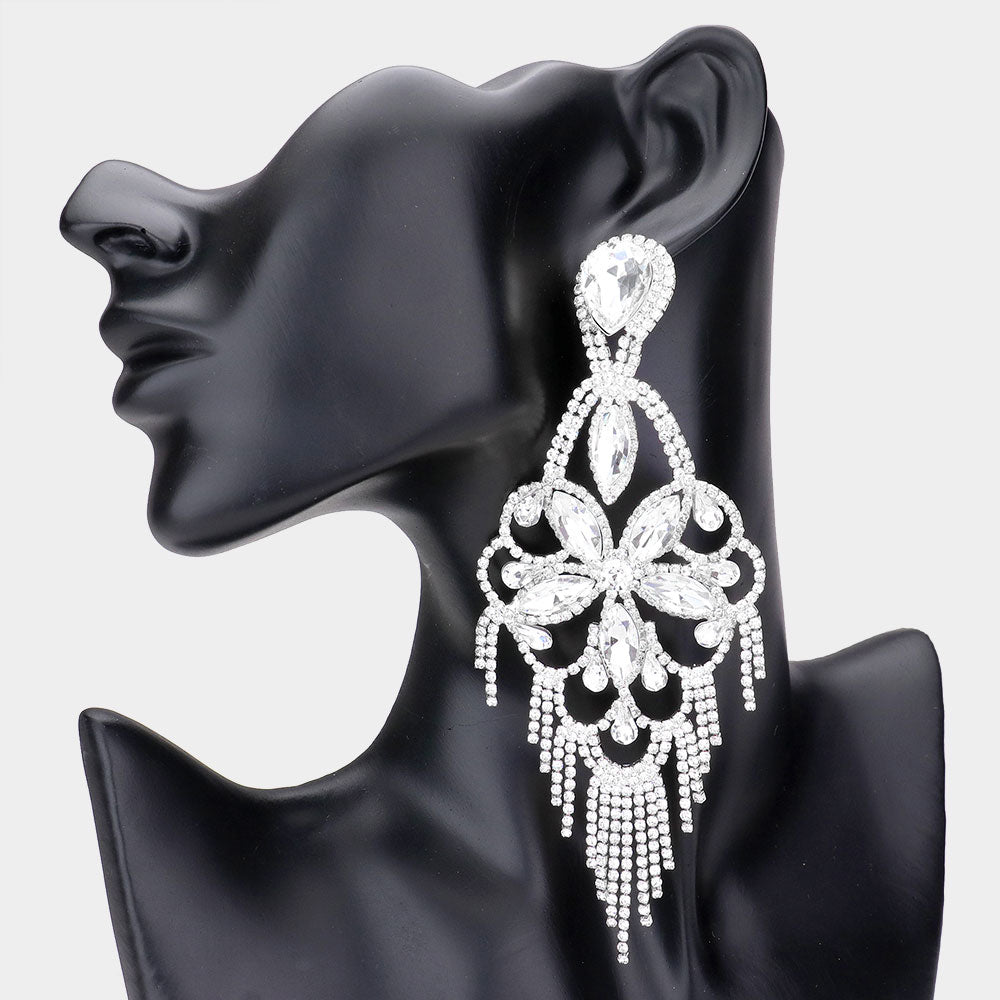 Silver Marquise Stone Flower Accented Chandelier Evening Earrings