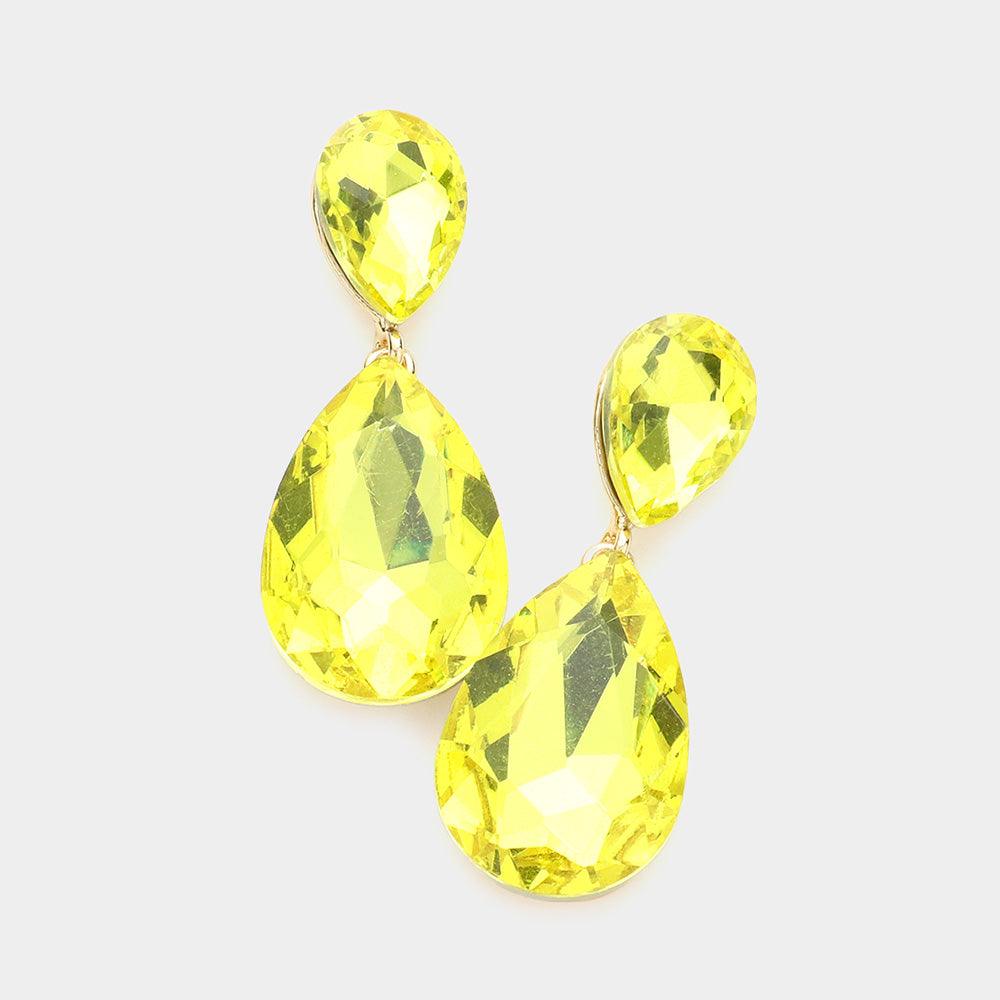 Yellow Glass Crystal Teardrop Evening Earrings