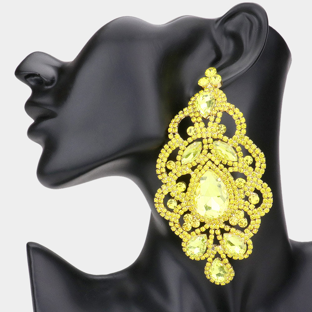 Yellow Oversized Teardrop Crystal Accented Evening Earrings