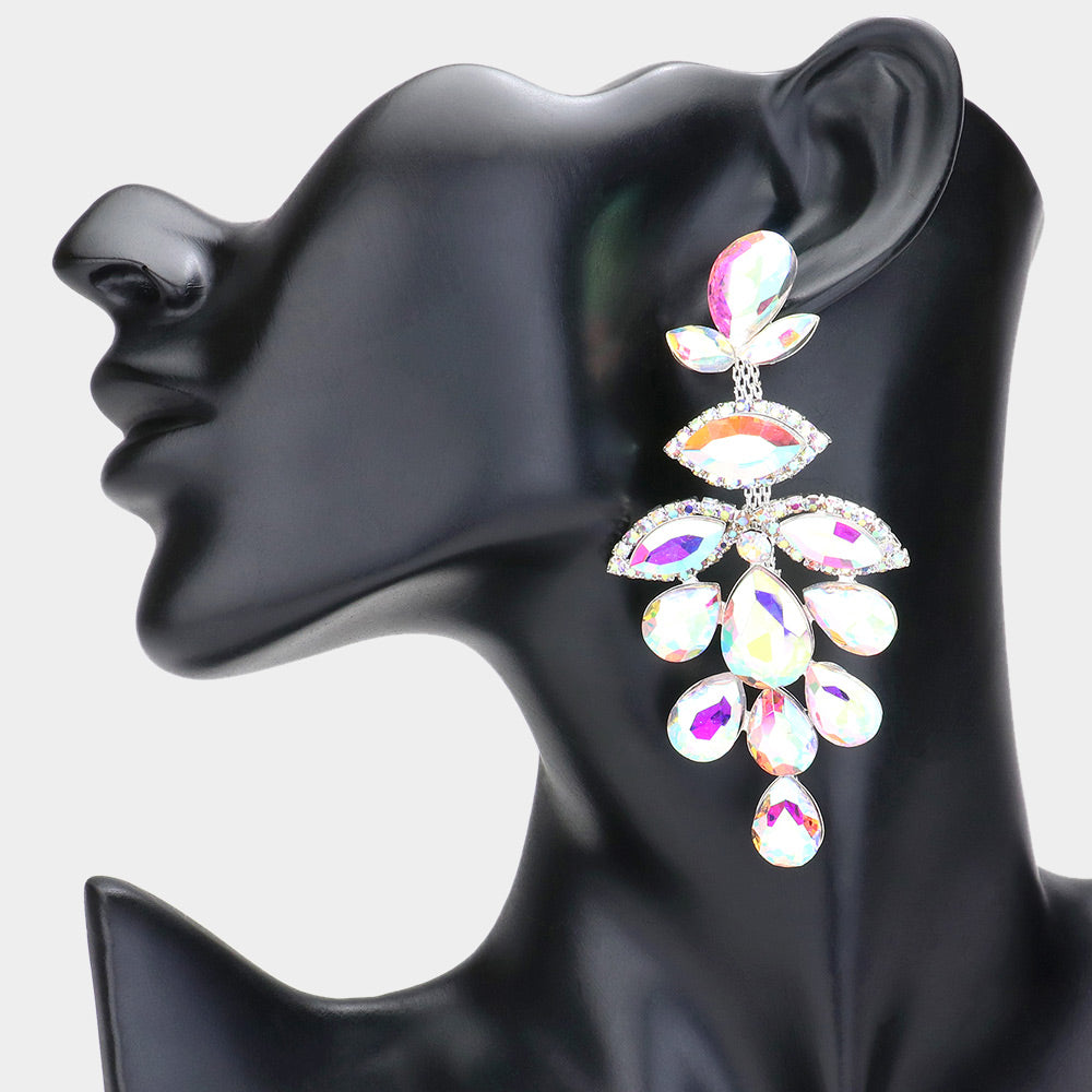 Silver Teardrop Marquise Stone Cluster Chandelier Evening Earrings