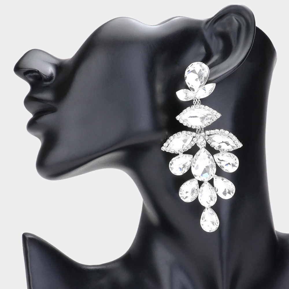 Silver Teardrop Marquise Stone Cluster Chandelier Evening Earrings