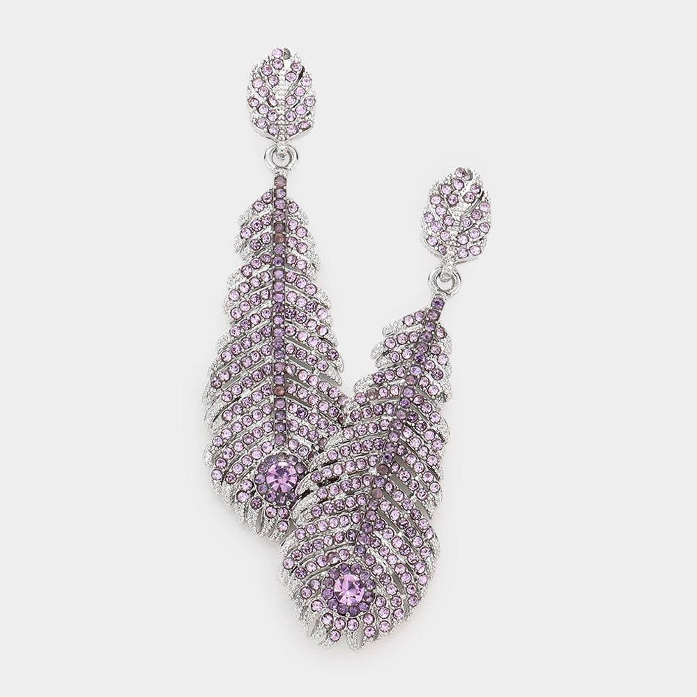 Violet Rhinestone Embellished Feather Dangle Evening Earrings