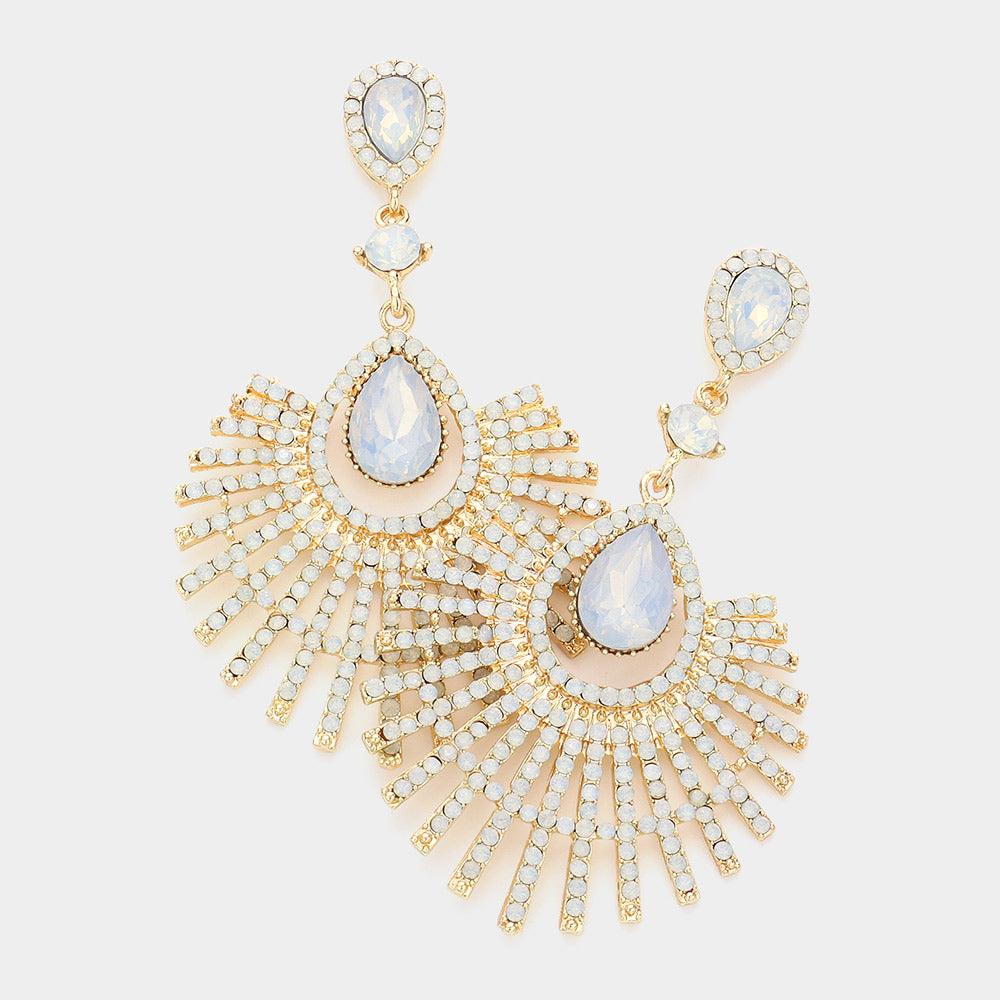 White Teardrop Fan Crystal Rhinestone Evening Earrings