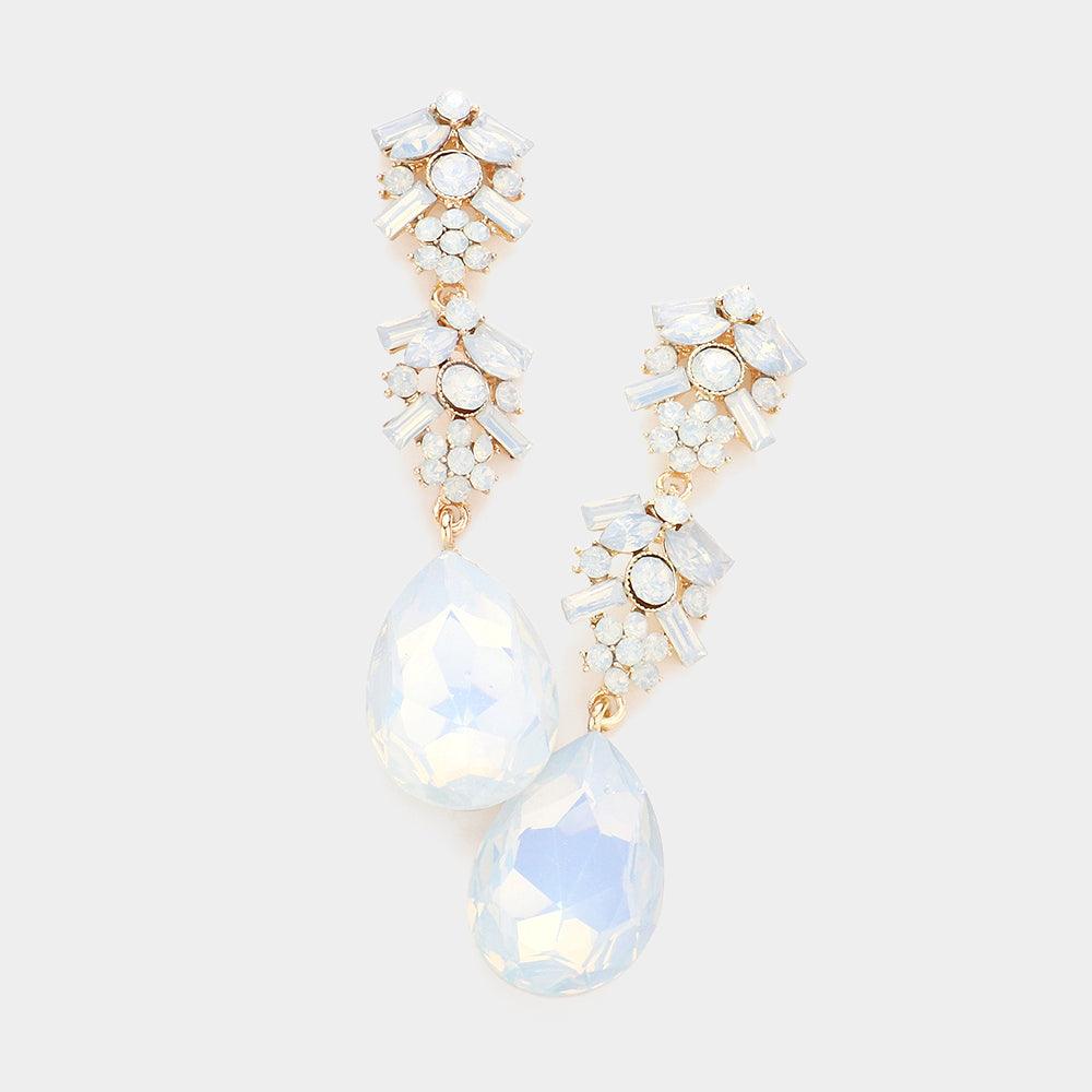 White Chunky Pear Crystal Floral Evening Drop Earrings