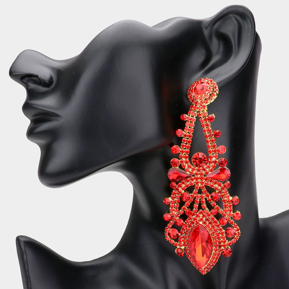 Red Oversized Marquise Stone Accented Dangle Evening Earrings