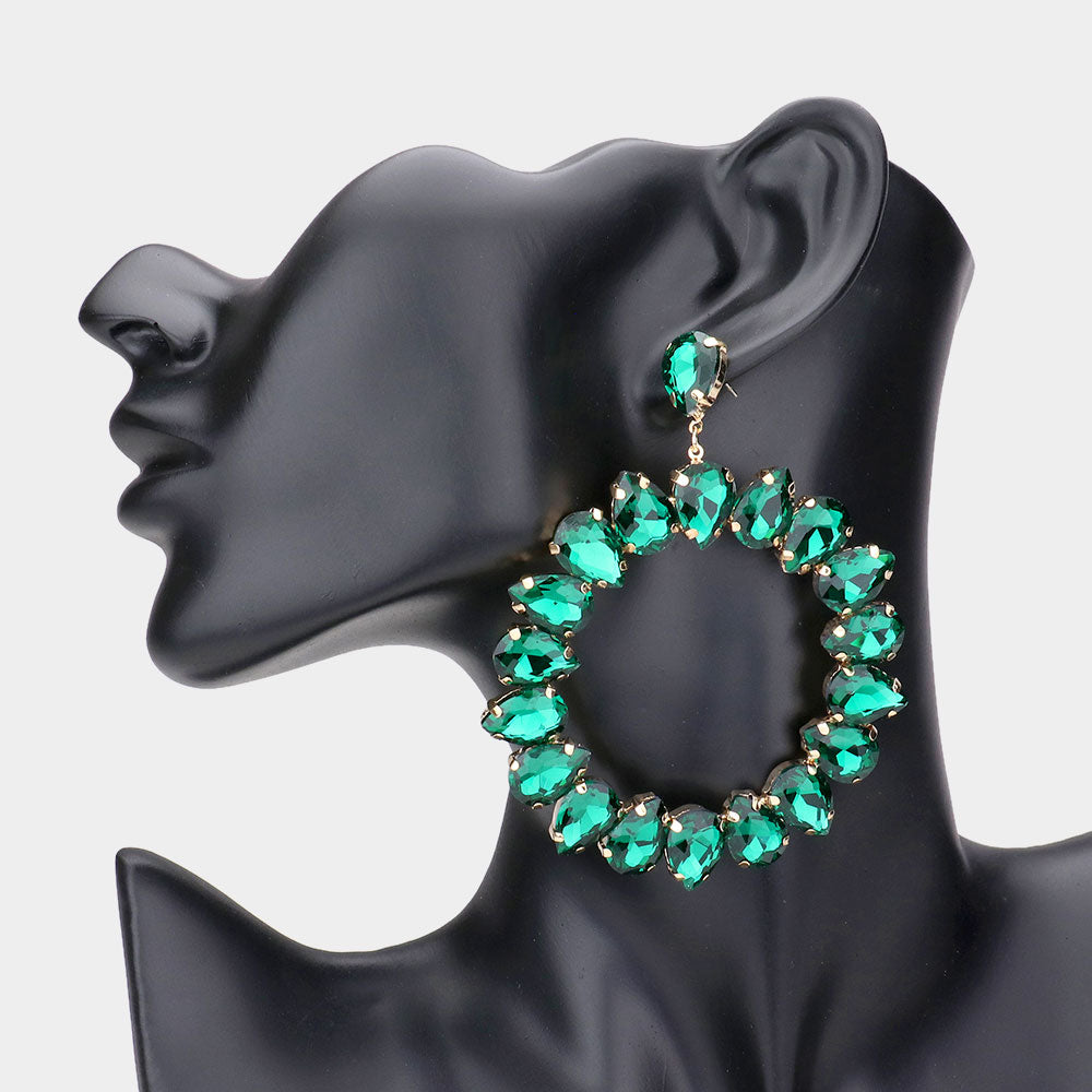 Emerald Teardrop Glass Crystal Open Circle Evening Earrings