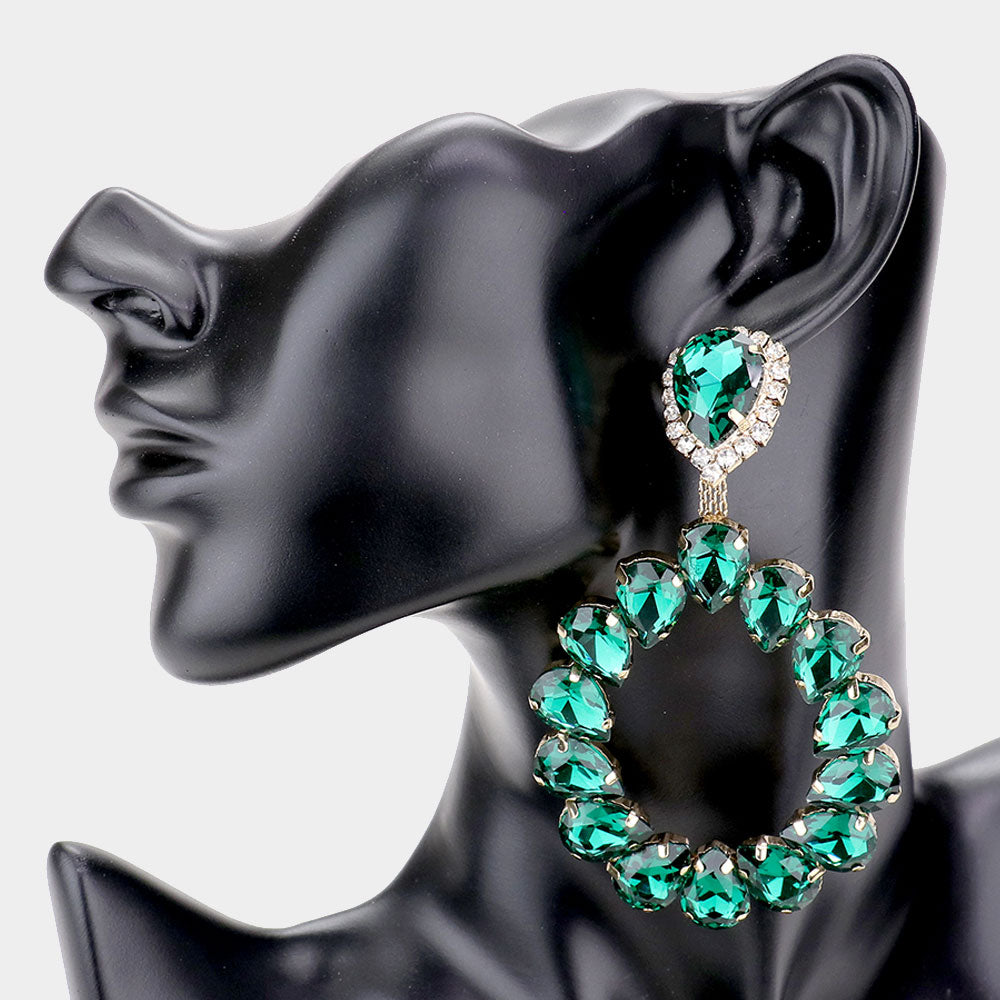 Emerald Teardrop Stone Cluster Evening Earrings