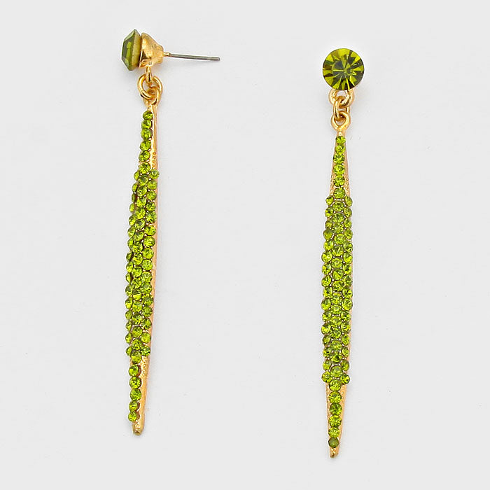 Green Crystal Rhinestone Pave Stick Bar Evening Earrings