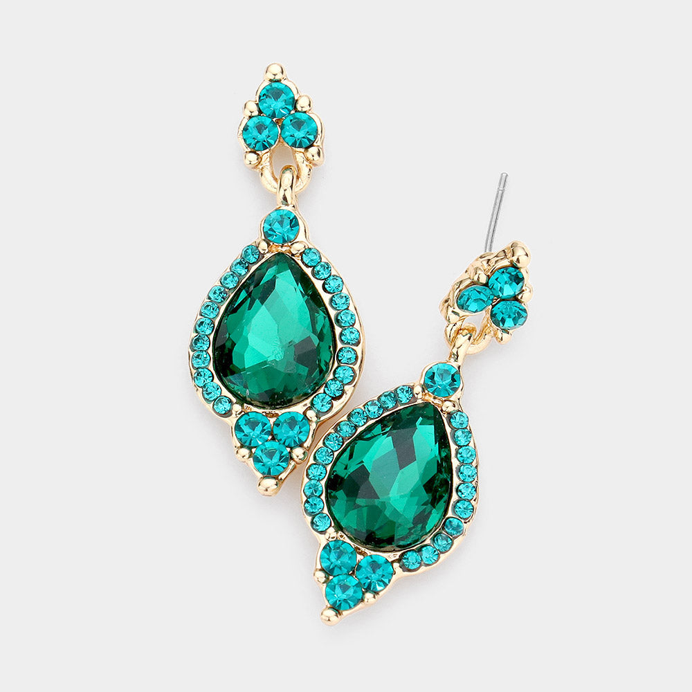 Emerald Teardrop Centered Dangle Evening Earrings