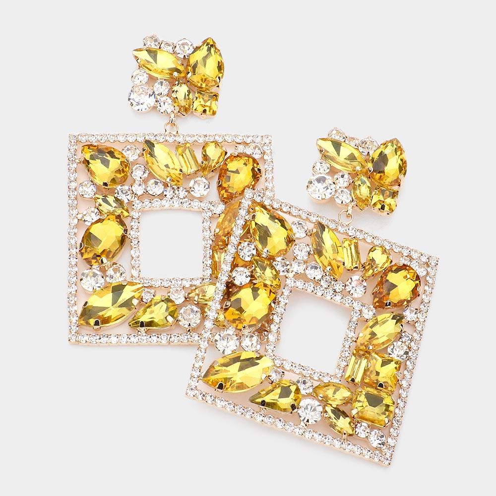 Yellow Multi Stone Embellished Square Dangle Evening Earrings