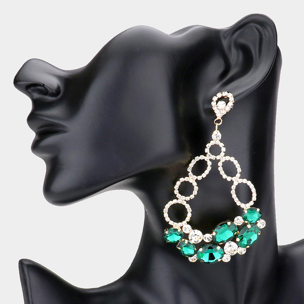 Emerald Oval Stone Accented Teardrop Dangle Evening Earrings