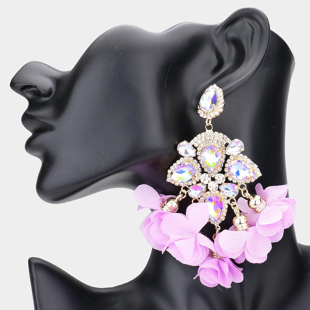 Lavender Teardrop Stone Accented Fabric Flower Dangle Chandelier Evening Earrings