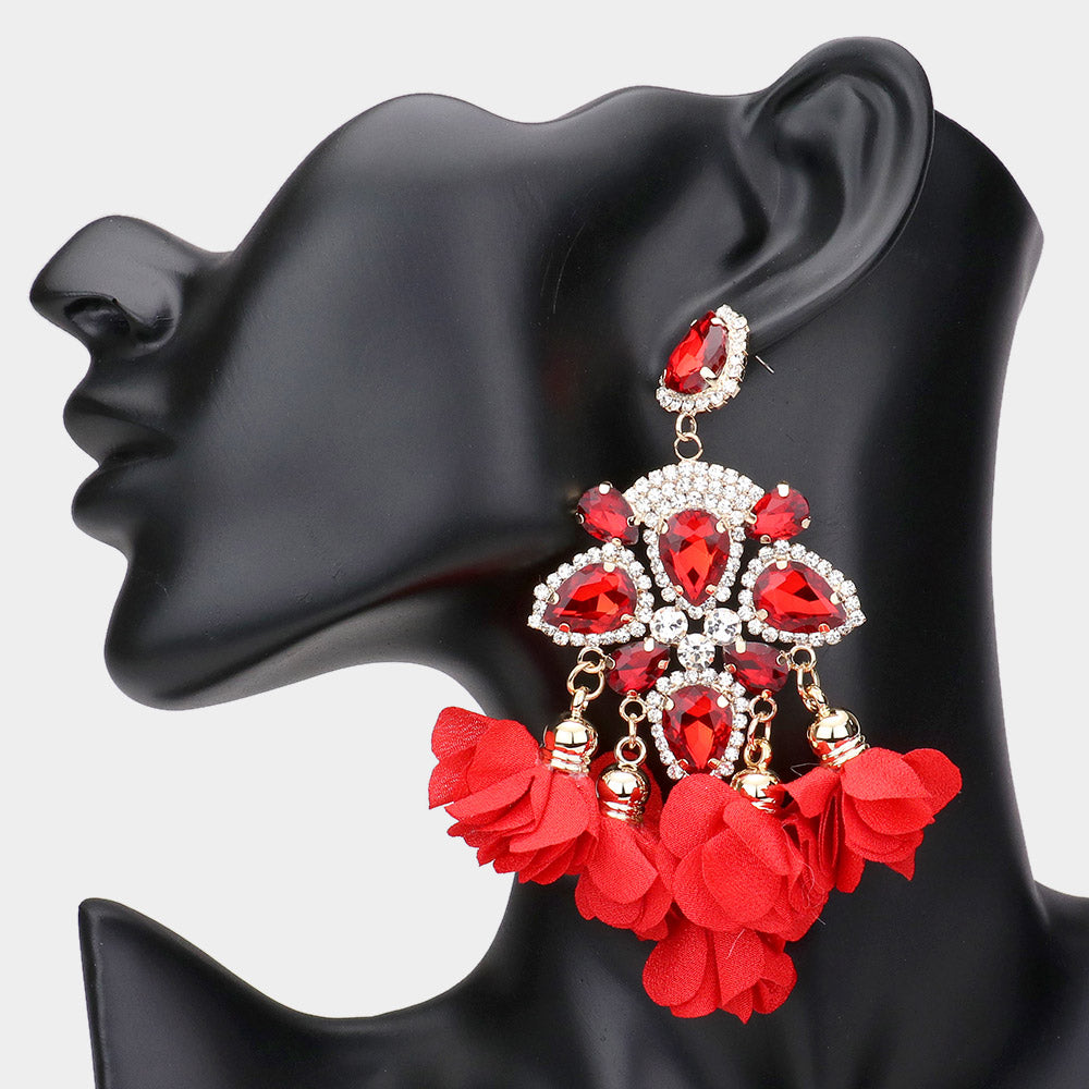 Red Teardrop Stone Accented Fabric Flower Dangle Chandelier Evening Earrings