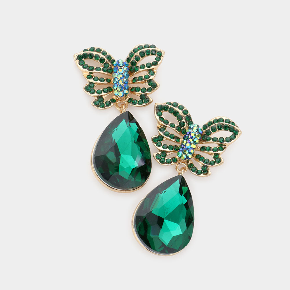 Emerald Rhinestone Embellished Butterfly Teardrop Stone Link Dangle Evening Earrings