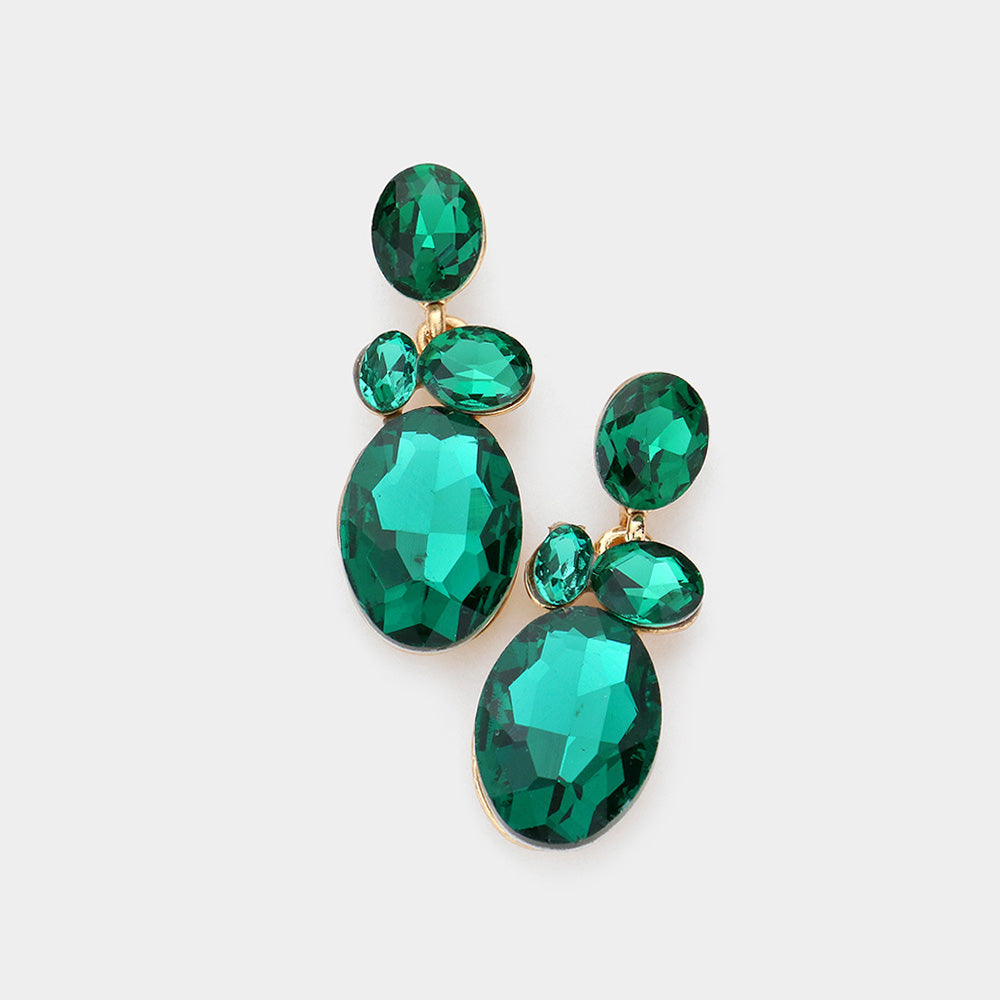 Emerald Oval Stone Link Dangle Evening Earrings