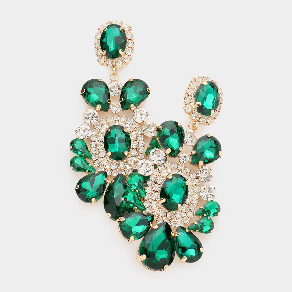 Emerald Oval Teardrop Stone Accented Dangle Evening Earrings