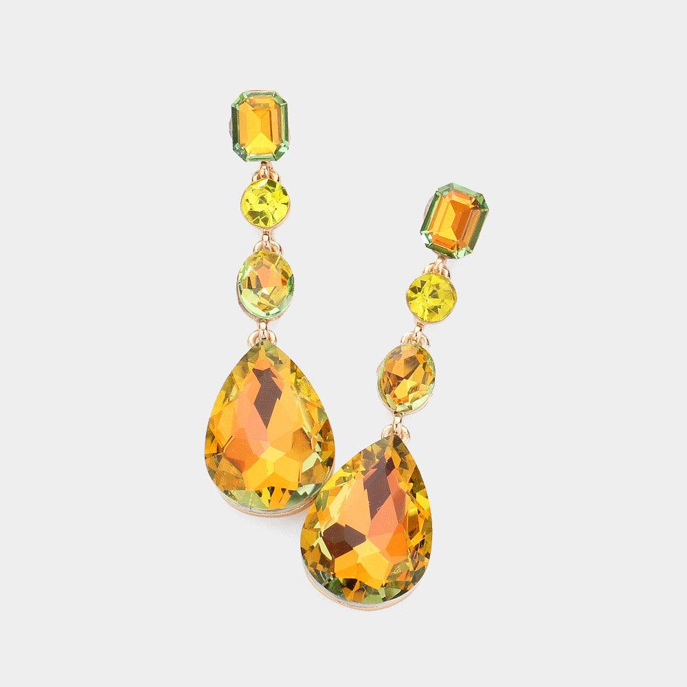 Yellow Teardrop Crystal Stone Accented Evening Earrings