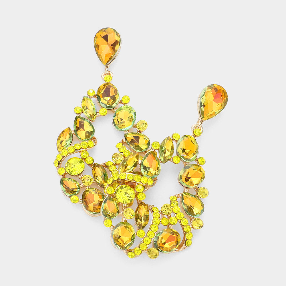 Yellow Multi Stone Cluster Teardrop Dangle Evening Earrings