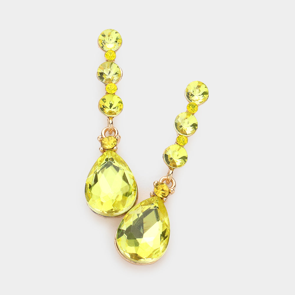 Yellow Triple Round Stone Teardrop Link Dangle Evening Earrings