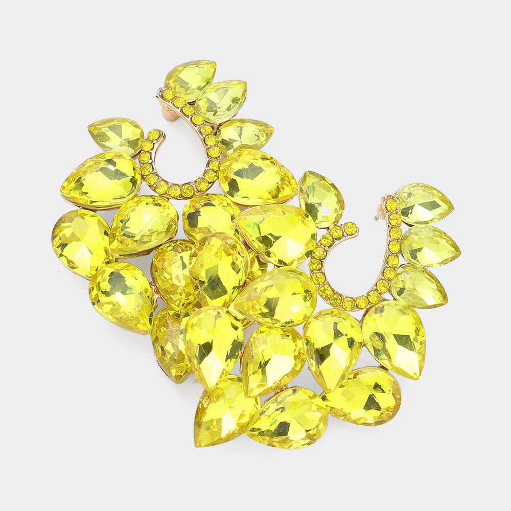 Yellow Teardrop Stone Cluster Embellished Evening Earrings